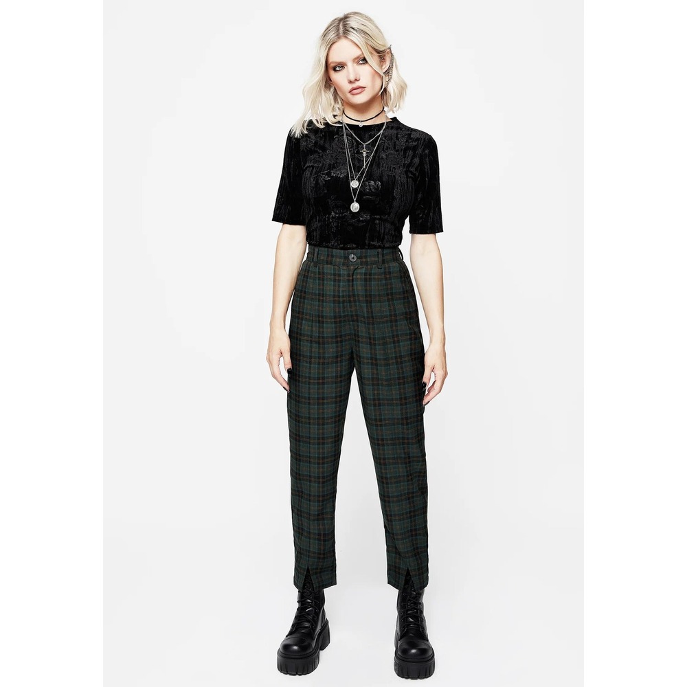 Disturbia Nightingale Split Tapered Trousers Green Black Plaid Gothic Size 4 NEW